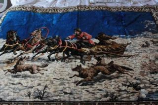 Vintage Velvet Tapestry Wall Hanging Wall Rug Men Horses Chased By Wolves B14