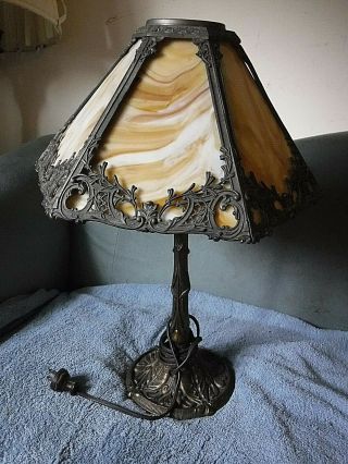 Antique Slag Glass Table Lamp Solid Bronze 19 High 15 Inch Shade Needs Panel