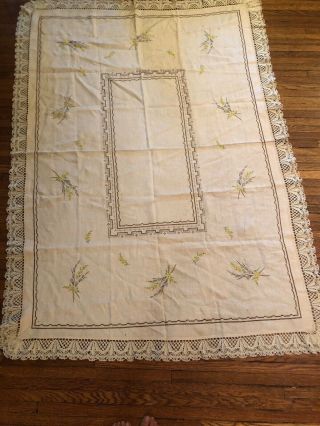 Gorgeous Vintage Linen Hand Embroidered Tablecloth W/ Flowers & Crochet Edging