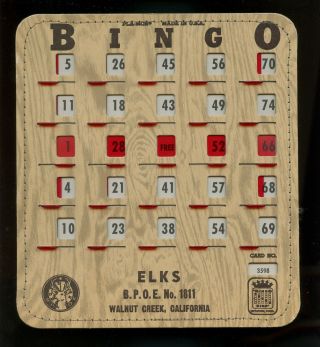 Vintage Elks Bpoe No.  1811 Walnut Creek Ca Bingo Card W/ Sliding Windows