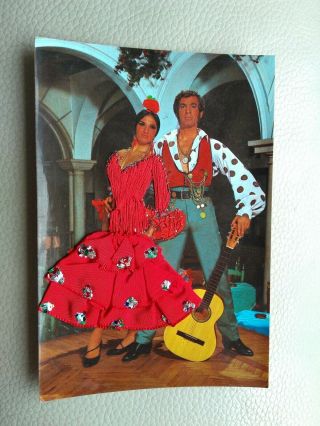 Vintage Spanish Embroidered Postcard - Flamenco Dancers.  Unposted.  60s/70s