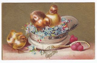 Easter Greetings - Chicks In Hat - Embossed Gold Back Postcard Tennis Racquet