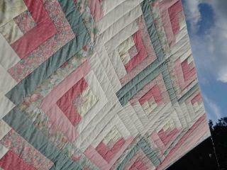 EXQUISITE VINTAGE CANDY PINK PEONY CAMELLIA AUTHENTIC FARMHOUSE LOG CABIN QUILT 4