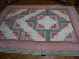 EXQUISITE VINTAGE CANDY PINK PEONY CAMELLIA AUTHENTIC FARMHOUSE LOG CABIN QUILT 5