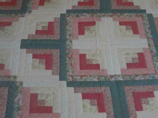 EXQUISITE VINTAGE CANDY PINK PEONY CAMELLIA AUTHENTIC FARMHOUSE LOG CABIN QUILT 6