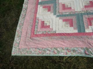 EXQUISITE VINTAGE CANDY PINK PEONY CAMELLIA AUTHENTIC FARMHOUSE LOG CABIN QUILT 7