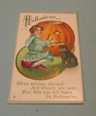 1910 Era Black Cat Jack - O - Lantern Witches Ghosts Halloween Holiday Postcard