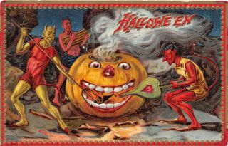F50/ Halloween Postcard Holiday Tucks C1910 Devil Men 160 Fire Pumpkin