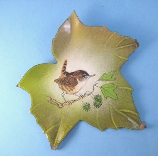 Norman Brumm Leaf Shaped Bird Plaque Carolina Wren Enamel On Copper Wall Hanging