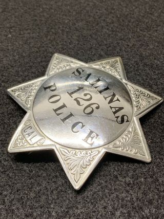 Obsolete Salinas,  Ca Police Officer Badge Hallmarked LA Stamp & Staty Co 3