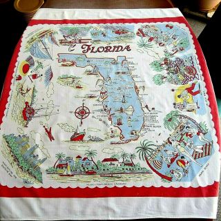1950s Vtg Souvenir Florida Map Tablecloth Cotton Print Landmarks (43x47) Campy