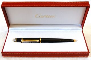 Cartier Diabolo Black Ballpoint Pen With Gold Trim & Blue Cabochon Gem