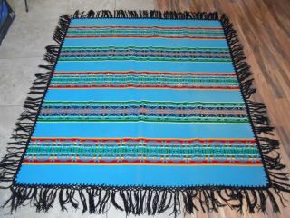 Vtg Pendleton Beaver State Wool Blanket Throw Native Aqua/multi 5 " Fringe 64 X 60