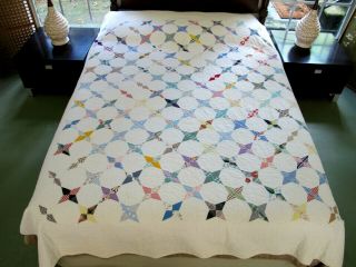 Vintage Hand Pieced & Quilted All Cotton Some Feed Sack Periwinkle Quilt,