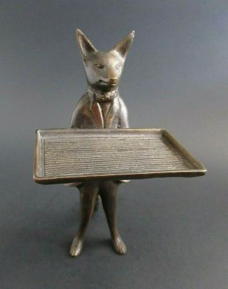 Vintage Bronze Fox Butler Figurine Business Card Holder Statue 7 " Euc