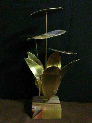 Lovely Vtg.  Authentic D.  S.  Hulbert " Lily Pad " Brass Metal Sculpture W/stone Base