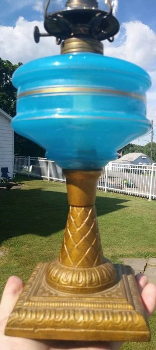 Vintage 19th C.  Blue Opaline Glass Oil Kerosene Cast Iron Base Lamp Look Scarce