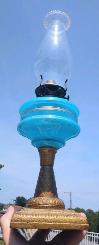 Vintage 19th C.  Blue Opaline Glass Oil Kerosene Cast Iron Base Lamp LOOK SCARCE 2
