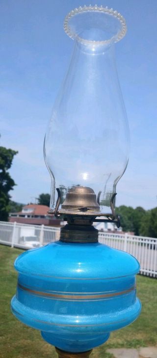 Vintage 19th C.  Blue Opaline Glass Oil Kerosene Cast Iron Base Lamp LOOK SCARCE 3