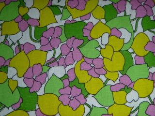 Vtg 40s 50s Cotton Fabric Yellow Green Lilac African Violet Flowers 33.  5x4.  5 Yds