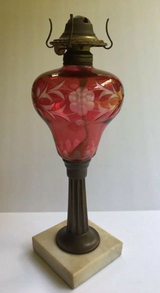 Antique Ruby Red / Cranberry Etched Bohemian Cut To Clear Glass Oil Lamp