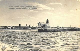 Newport Ri Goat Island Lighthouse Steamer " Priscilla " Postcard