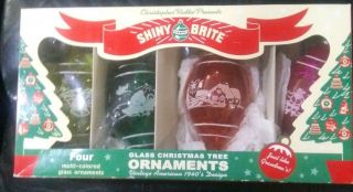 Christopher Radko Retro " Shiny Brite " Teardrop Christmas Ornaments Set Of 4