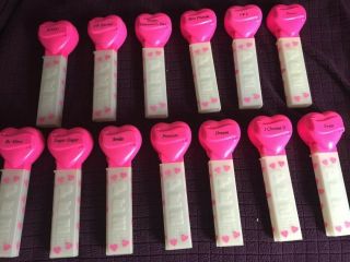 Complete Set Of 13 Pez Hearts - Hot Pink Hearts - White Stems With Hearts