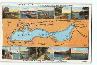Lake Geneva Wisconsin Wi Postcard 1945 Auto Map Lake Geneva Scenes On Auto Trip