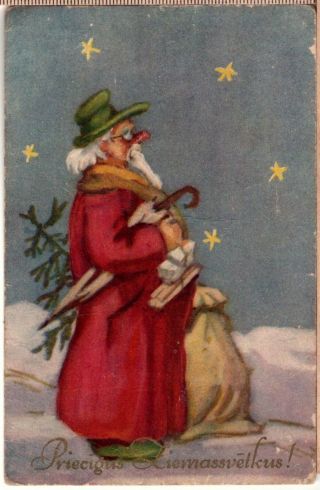 Santa Claus In Red Robe & Red Nose - 1930 - Latvian Postcard 1930s