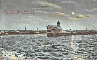 Newport Ri Goat Island Lighthouse Steamer " Priscilla " Moon Postcard