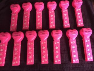 Complete Set Of 13 Pez Hearts - Hot Pink Hearts - Hot Pink Stems With Hearts