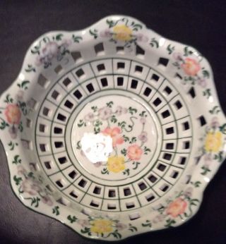 Handpainted Porcelain Bowl Pastel Roses Flowers Green Trim Vintage Cut Out Glass