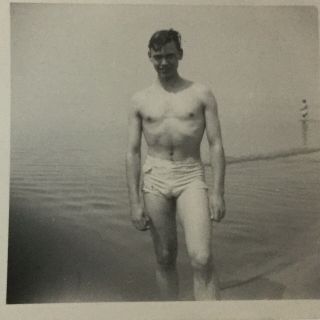 Vintage Photo Snapshot Boy Man Swim Trunks Water Beach 1940s Gay Interest