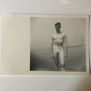 Vintage Photo Snapshot Boy Man Swim Trunks Water Beach 1940s Gay Interest 2