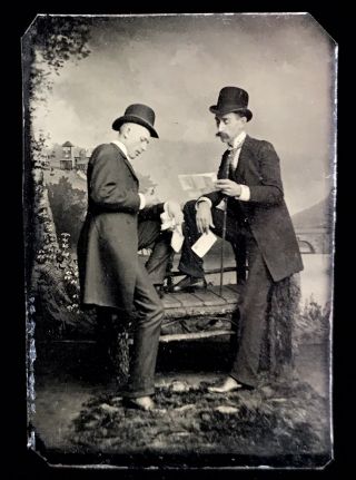 1/6 Plate Tintype - Wonderful Situational Image Of Men Reading Their Letters