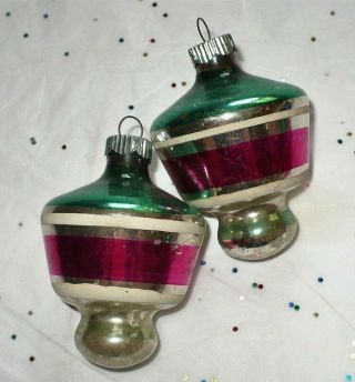 2 Vtg Shiny Brite Top Shape Stripes Glass Tree Ornaments