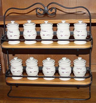 Longaberger Wrought Iron Spice Rack,  13 Pottery Spice Jars In Heritage Red…rare