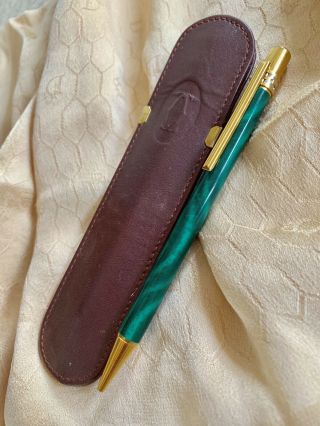 Cartier Ball Point Pen.  Green Malachite Enamel,  Cartier Leather Case