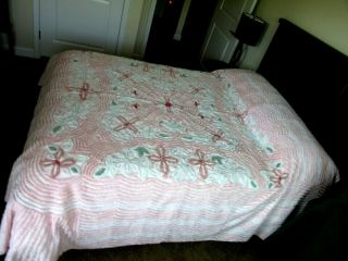 Vintage 1950s Pink & White Heavy Chenille Full Size Bedspread 96 " X 98 " Exc Cnd