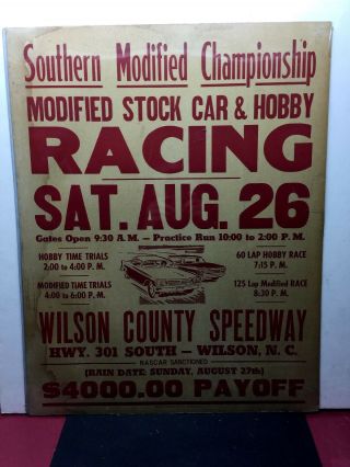 1950’s Nascar Racing Poster Wilson County Speedway,  North Carolina