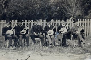 Antique Tintype Photo Men With Guitar Banjos Violin Musical Outside