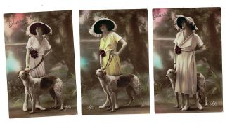 Mc2620 Set Of 3 Glamour Woman With Hat And Her Pointer Dog In The Wood Rppc