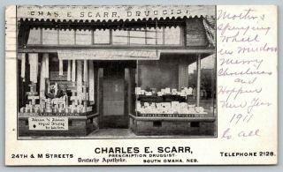 South Omaha Nebraska Charles E Scarr Druggist Close Up Store Front 24th & M 1910