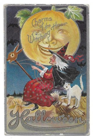 Charms Of The Witching Hour Halloween Postcard With Witch And Large Moon