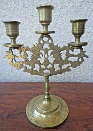 Vintage Brass Candelabra Engraved Dragons 3 Arm 8 " X 6 " Chinese Candle Holder