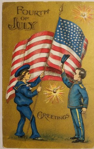 Vintage 4th Of July Postcard Circa 1910 Boys In Uniform With Us Flag & Fireworks