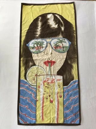 80s Radical Vtg Beach Bath Towel Brunette Woman Sunglasses Drink Relaxing Palm