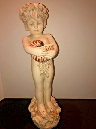 Vintage Ocean Boy Cherub Figurine Statue Holding Conch Shell W/ Seashell Hair