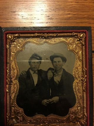 1/6th Tintype Of Two Brothers In Affectionate Pose,  W/ Pipe And Cigar In Case.
